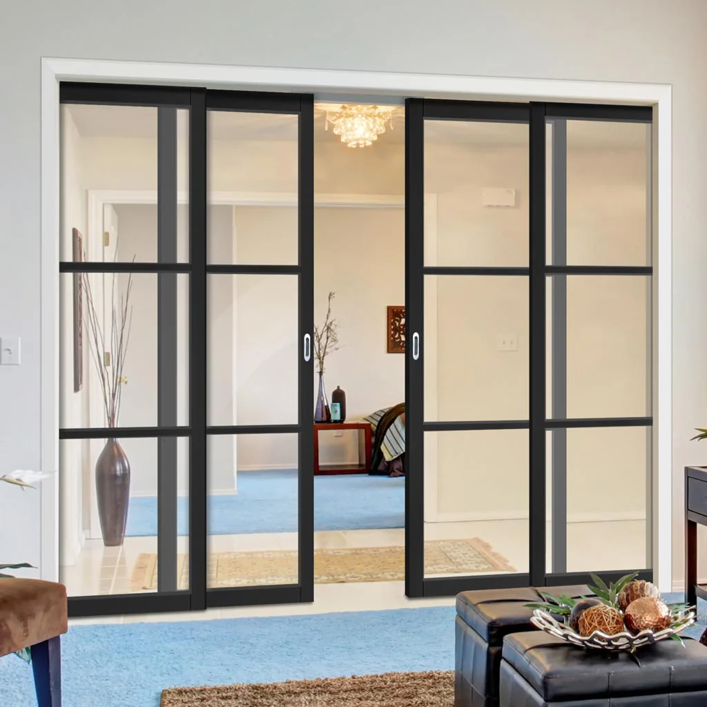 Camden black staffetta quad telescopic clear glass urban deanta pocket door directdoors 35CAMGBLP610 PSQT